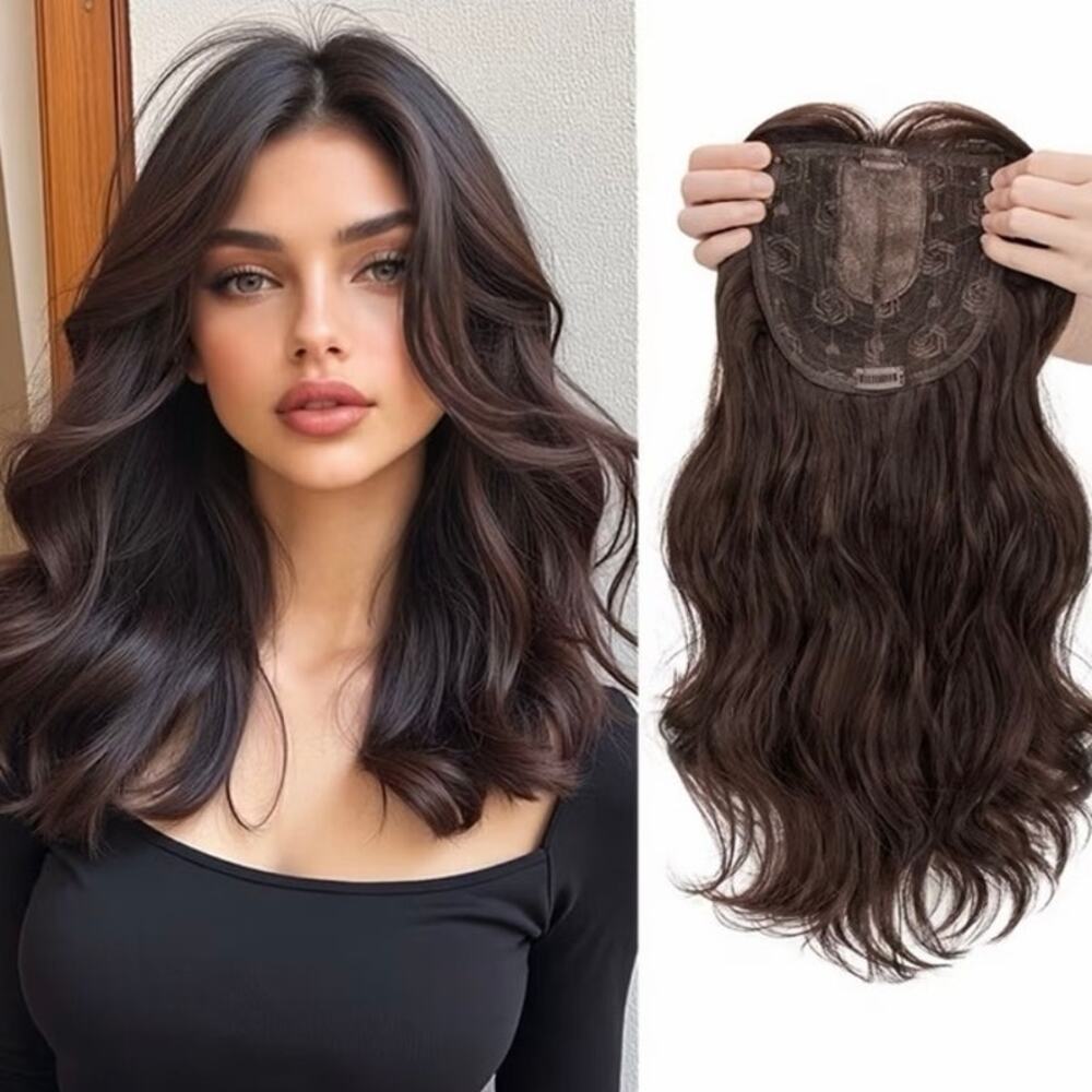 16” chocolate brown wavy synthetic hair topper